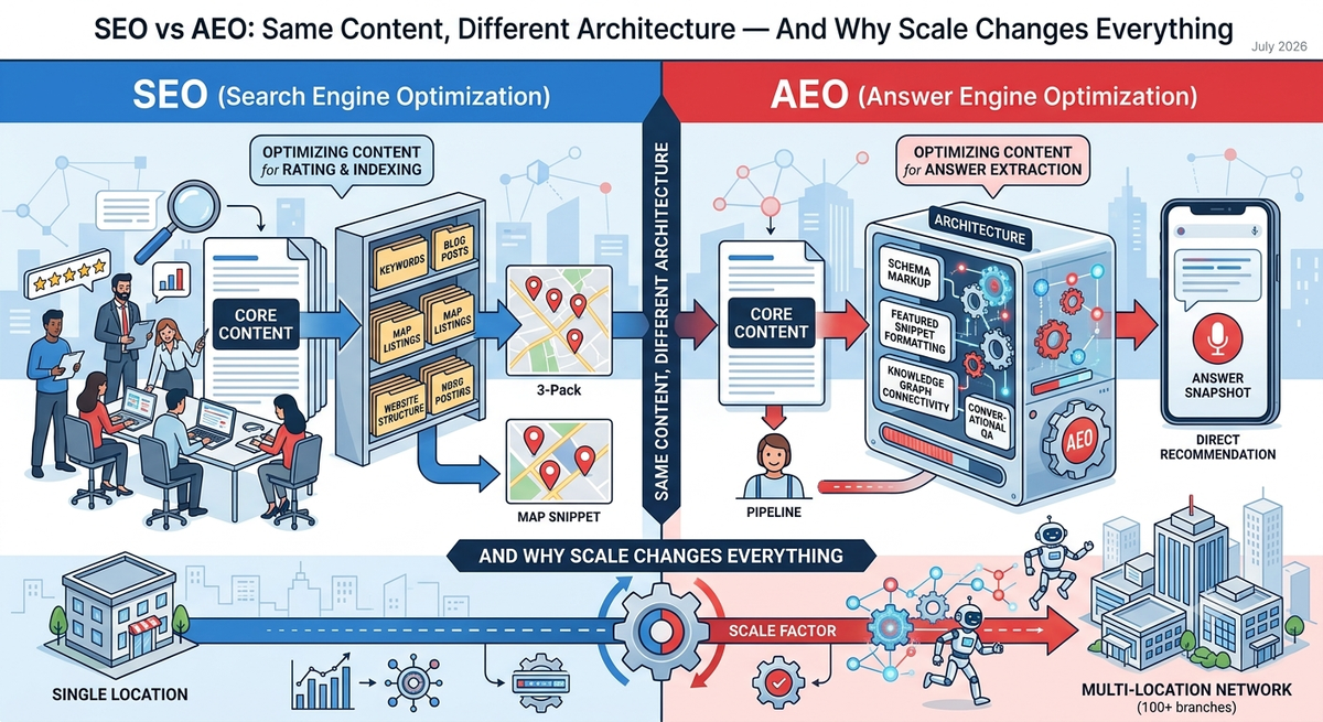 SEO vs AEO: Same Content, Different Architecture — And Why Scale Changes Everything