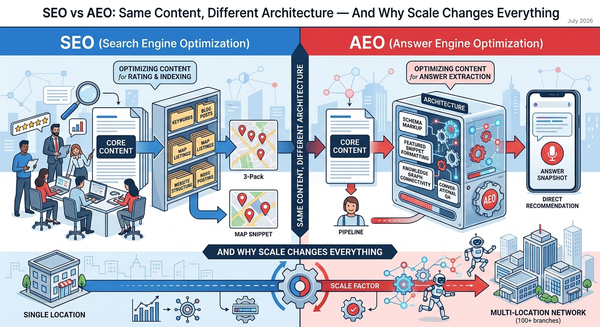 SEO vs AEO: Same Content, Different Architecture — And Why Scale Changes Everything